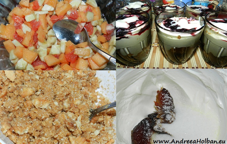 Desert la pahar: blat de biscuiti, fructe, frisca cu vanilie si curmale, dulceata de cirese amare si serbet de brad
