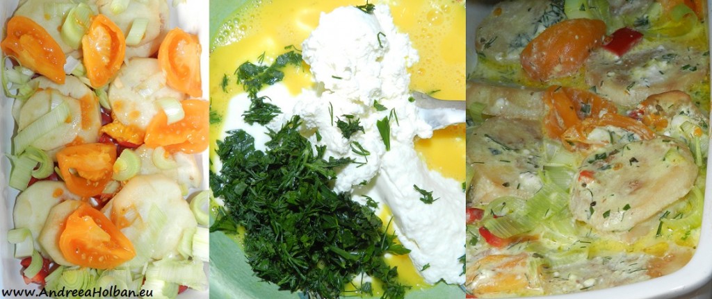 Vanata alba, rosie portocalie, ardei, usturoi si praz la cuptor - gratinate cu branza, ou si smantana (dupa 8 luni)