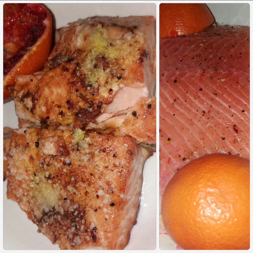 Somon in suc de portocale rosii si crusta de parmezan - la cuptor