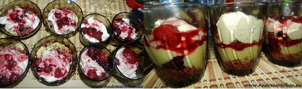 Desert la pahar blat de biscuiti, crema de vanilie, crema de mascarpone si fructe de padure