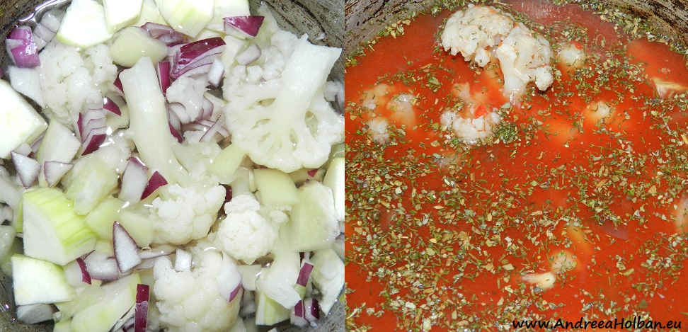 Supa de conopida cu ceapa rosie, ardei, dovlecel si suc de rosii aromat cu busuioc si marar (dupa 10 luni)