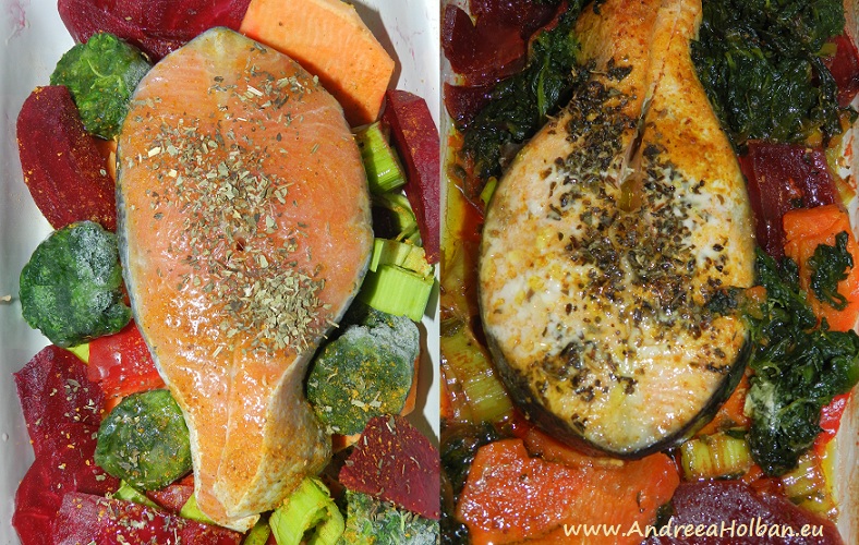 Somon la cuptor cu piure de sfecla rosie, cartof dulce, spanac, praz si mirodenii (dupa 12 luni)