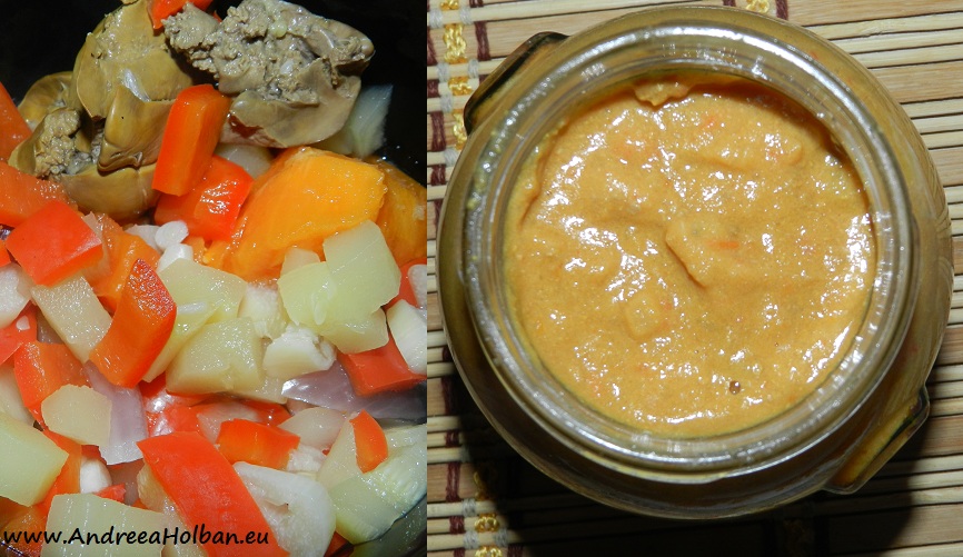 Pate de ficat cu dovlecel, ardei capia, rosie galbena, usturoi si cartof fiert in coaja (dupa 10 luni)