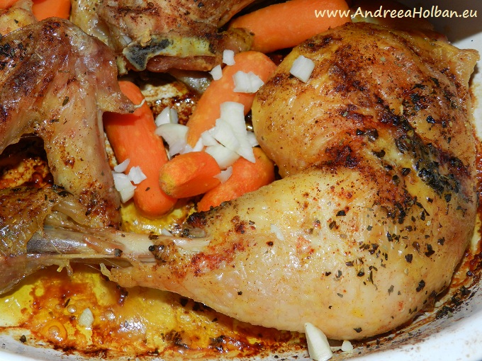 Pulpe si aripi de pui la cuptor cu morcovi si usturoi (dupa 7 luni)