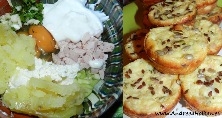 Briose cu branza, piept de curcan, cartof, smantana, praz, usturoi, verdeata si amestec de seminte (dupa 12 luni)