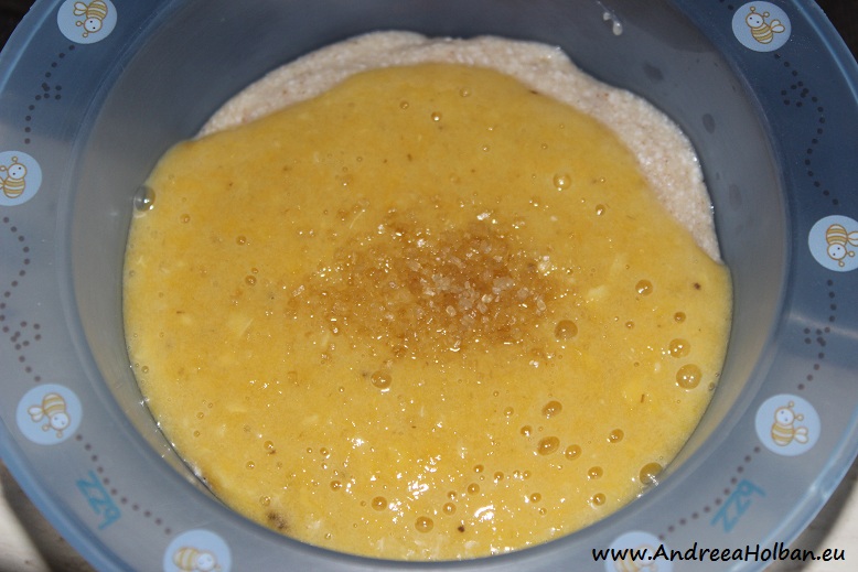 Fulgi de mei cu scortisoara si piure de banana si portocala (dupa 8 luni)