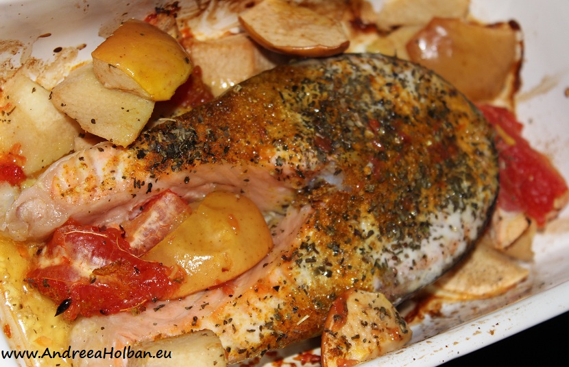 Somon in ierburi, cu mar si grapefruit rosu la cuptor (dupa 12 luni)