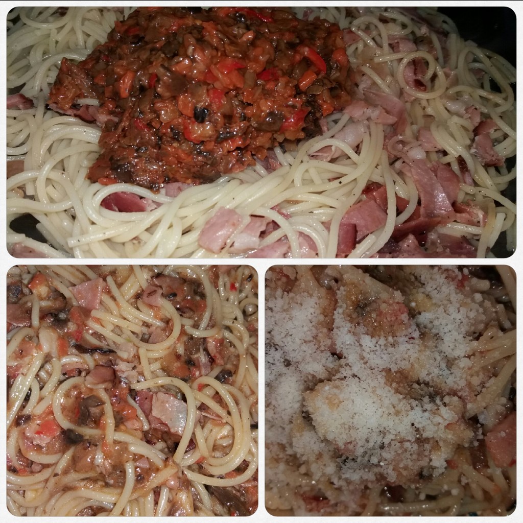 Spaghetti cu sunca si zacusca de ghebe